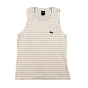 Stussy Tank Top Mens L White Beige Striped Sleeveless Casual‎ Streetwear Logo